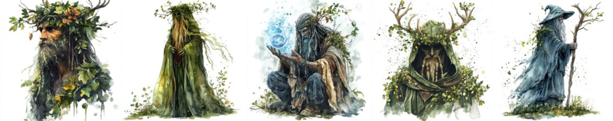 Obraz premium Watercolor illustration of mystical druids with nature elements, showcasing their connection to earth and magic