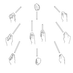細い棒を持つ手のセット　白黒のベクターイラスト。