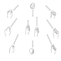 細い棒を持つ手のセット　白黒のベクターイラスト。