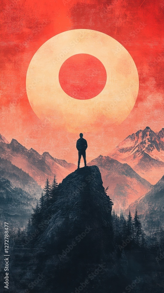 Poster man standing on top of a mountain with a scenic view against a dark gradient sky