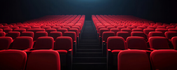 Empty theater with red seats and black stage, evoking anticipation