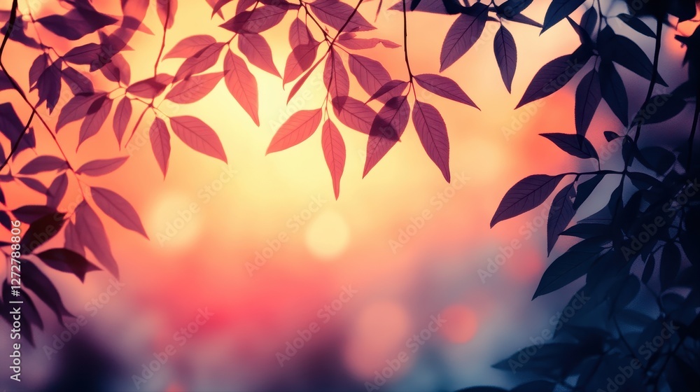 Aufkleber close up of green tree leaves with soft glowing gradient background in nature scene