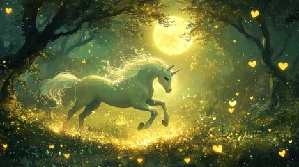 Poster An adorable scene of a unicorn running through a forest under a full moon. The unicorn's mane and tail are glowing and it is surrounded by magical sparkling hearts. Valentine's day.