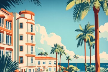 Fototapeta premium Tropical Paradise with Vintage Architecture and Palm Trees by Ocean