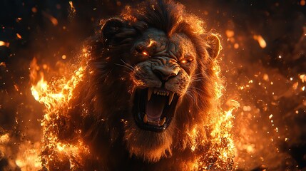 Naklejka premium a very fierce lion jumping up,down roaring strong sense of camera chains background flames red,yellow tones realistic full body shot 8k superb detail wallpaper