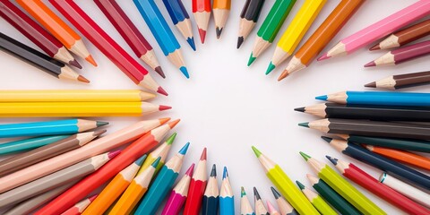 Fototapeta premium Colorful array of pencil crayons arranged in a perfect circle with each pencil pointing towards the center, colorful, pencils, center
