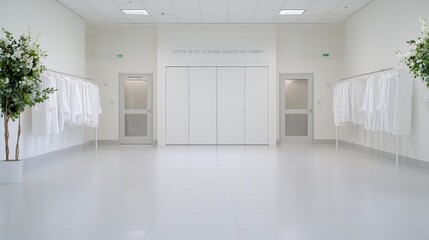 Fototapeta premium Clean lab corridor, coats hanging, doors, plants. Medical research facility interior