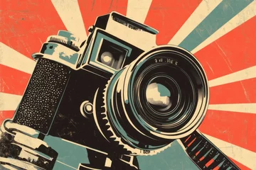 Fototapeten Vintage Camera Design with Bold Sunburst Background Illustration © Jamlong