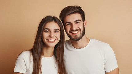 Fototapeta premium A joyful couple stands side by side, sharing radiant smiles. Their casual shirts and warm expressions highlight a bright, carefree moment, evoking happiness and connection in a cozy setting