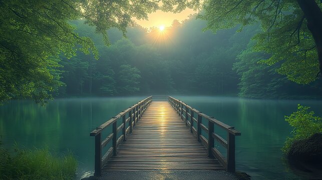 a wooden bridge over a body of water a picture romanticism sun after a storm beautiful lighting uhd indian forest wallpapers fierce looking morning on the lake