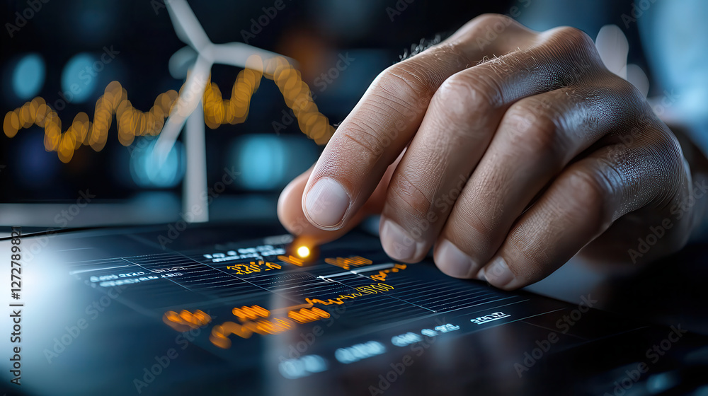 Poster Hand interacting with digital screen displaying financial data and graphs, emphasizing technology in sustainable finance and renewable energy