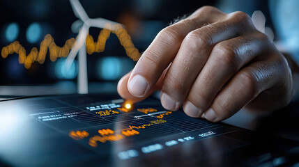 Hand interacting with digital screen displaying financial data and graphs, emphasizing technology in sustainable finance and renewable energy