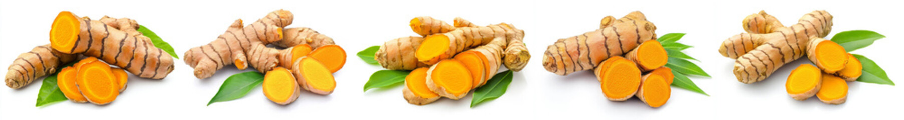 Fresh turmeric root with vibrant orange slices and green leaves