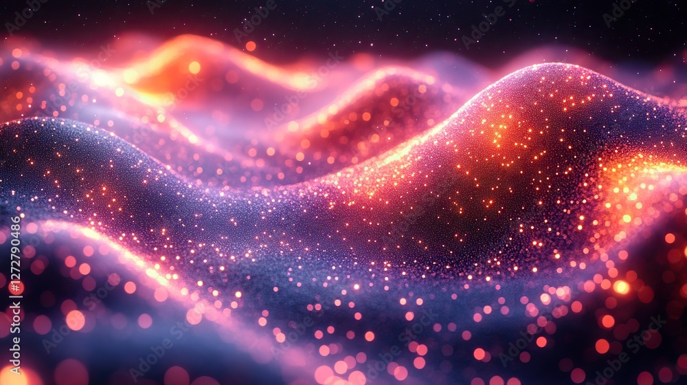 Poster abstract background of colorful glowing particles pulsing to the rhythm of sound waves music visuali