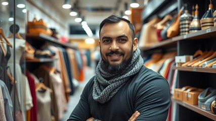 Close up portrait of a middle eastern boutique shop owner with a confident expression, showcasing skills in financial management, creativity, and customer service, boutique shop, confident, market