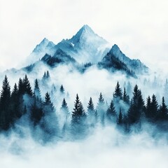 Fototapeta premium Serene mountain landscape shrouded in mist with towering peaks and dense forest