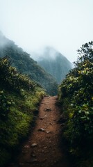 Serene mountain trail winding through lush greenery under a misty sky