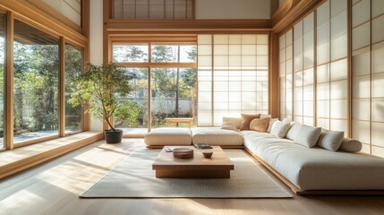Minimalist Japanese interior design of a modern living room in calm beige tones, Japanese beautiful apartment interior with large windows.