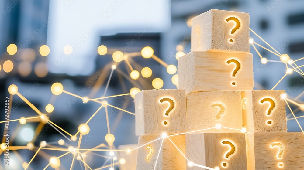 Poster a creative arrangement of wooden blocks with question marks against a blurred blue background for pr