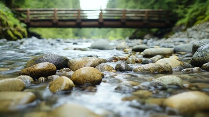 Serene river scene with smooth pebbles and a wooden bridge in nature