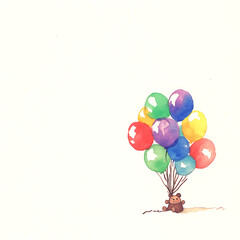 Adorable Teddy Bear Soaring Skyward with Bunch of Watercolor Balloons Artistic Childlike Whimsy Design.