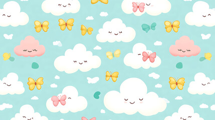 Adorable Sky Dreamscape with Smiling Clouds and Butterflies in a Kawaii Style Pattern Design.
