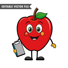 Smiling Apple Mascot Holding Clipboard, Fun and Playful Editable Vector Illustration