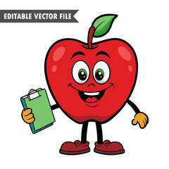 Smiling Apple Character Holding Clipboard, Fun and Educational Editable Vector Illustration