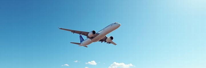 A modern airplane soaring through a clear blue sky, symbolizing travel, adventure, and global connectivity.