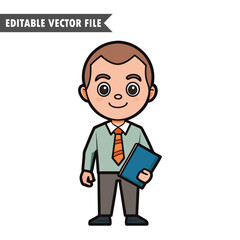 Cartoon Teacher Character Holding Book, Editable Vector Illustration for Education Designs