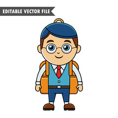 Cartoon School Boy with Glasses and Backpack, Cute Student Vector Illustration
