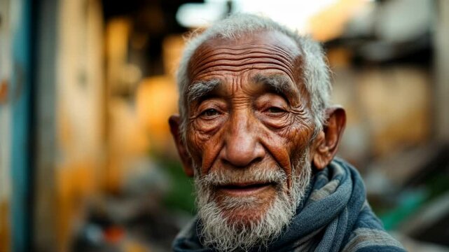 Weathered elder expressing emotion through lively expressions in urban setting