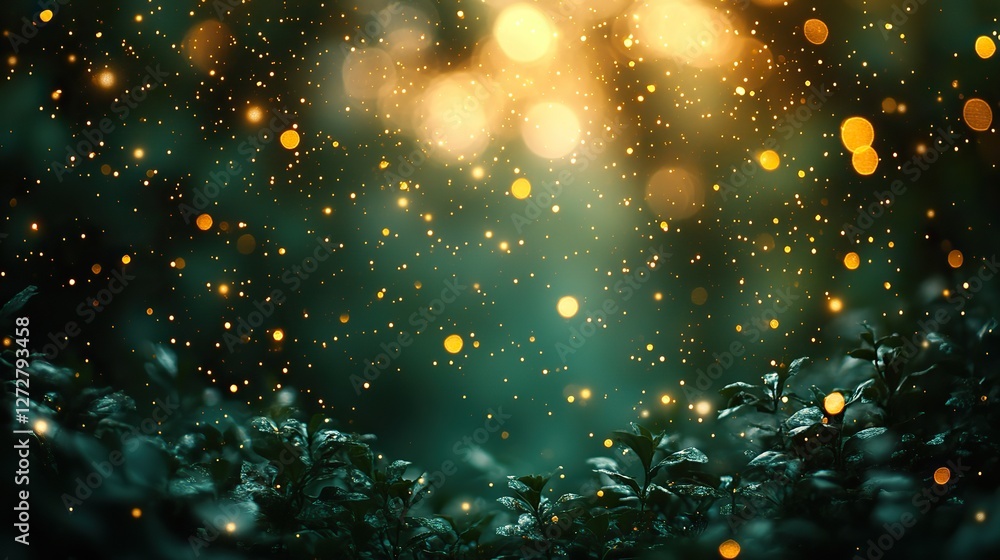 Poster abstract blur bokeh banner background with gold bokeh on defocused emerald green for elegant,vibrant