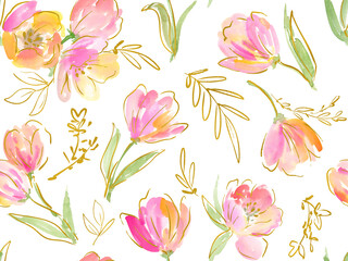 A seamless pattern of abstract tulips painted in watercolor with gold line art. A hand-painted tulip wallpaper design for spring with transparent background.