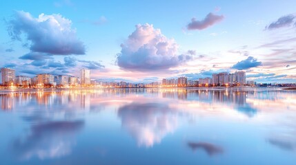 Fototapeta premium Cityscape sunset reflection, calm lake, buildings, peaceful evening, urban landscape