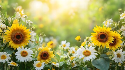 Obraz premium Cheerful sunflowers and daisies with green accents, arranged to create a floral border, blank white space in the middle for text, softly glowing light, hd details, bright and sunny countryside feel.