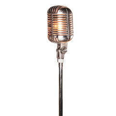 Obraz premium Vintage Microphone on Stand Glowing Light Retro Music Studio