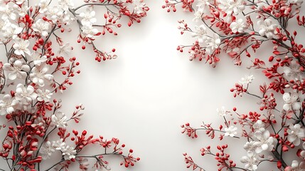 Cherry blossom branches in full bloom, soft pink and white flowers forming an elegant arched border, clean white middle space left open for text, glowing natural light, hd sharpness,