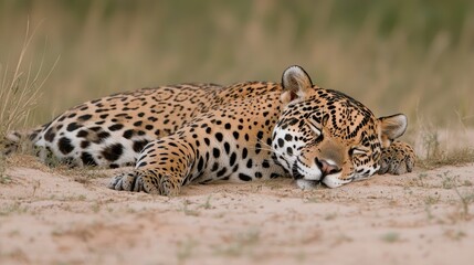 Naklejka premium Jaguar resting in the sand, natural habitat, wildlife photography, possible use in nature documentaries