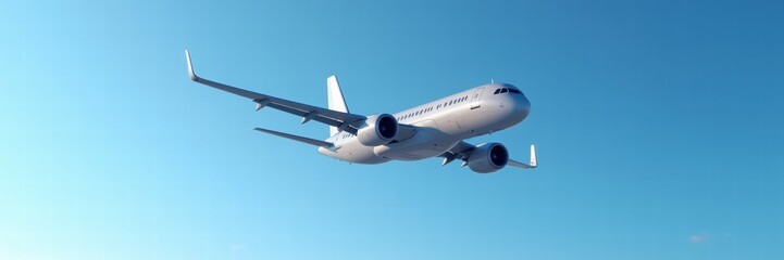 Obraz premium A sleek commercial airplane soaring through a clear blue sky, symbolizing travel, adventure, and the aviation industry. Ideal for business and tourism themes.