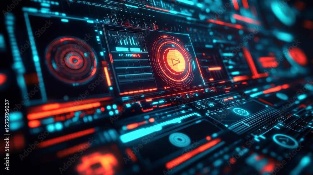 Poster futuristic digital interface with neon lights and interactive elements