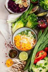 Table full with organic vegetables for making salad.