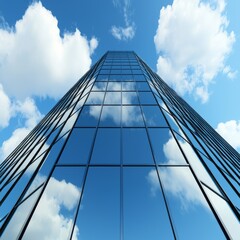 Obraz premium Skyscraper Reflection Under Blue Sky with Clouds, Modern Urban Architecture