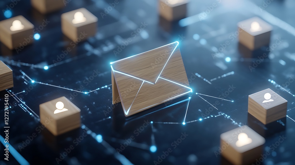 Poster digital communication concept with a wooden envelope and networking icons