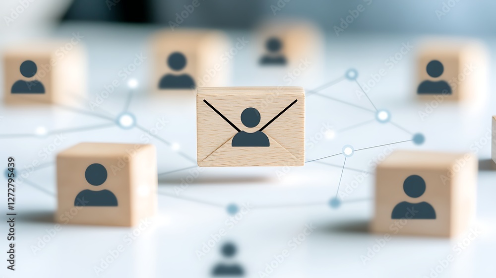 Poster digital communication concept with a wooden envelope and networking icons