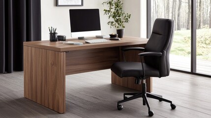 Modern wooden office desk with chair, overlooking forest.  Possible use Interior design inspiration