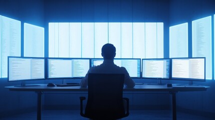 A software developer debugging complex code in a minimalist workspace. Featuring error messages on multiple monitors