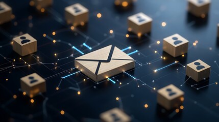 Digital Communication Concept with a Wooden Envelope and Networking Icons
