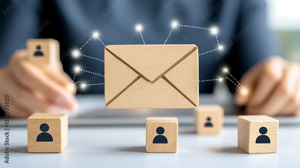 Poster digital communication concept with a wooden envelope and networking icons