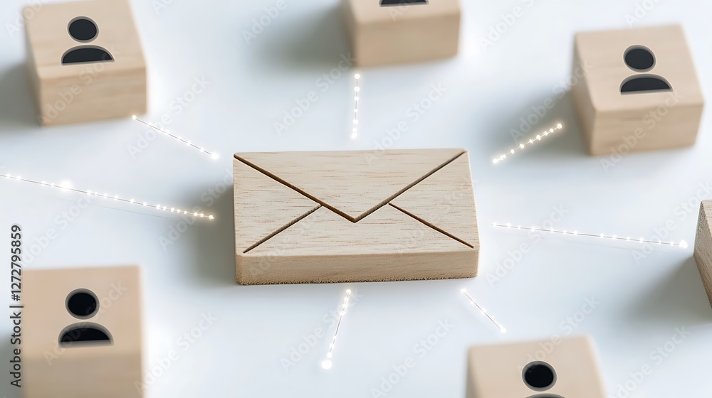Poster digital communication concept with a wooden envelope and networking icons